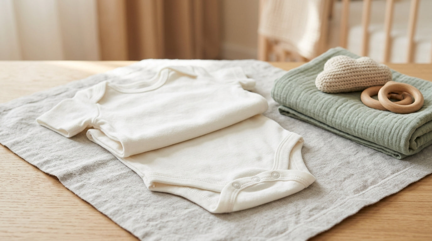 A messy stack of washed white newborn onesies on a nursery changing table.