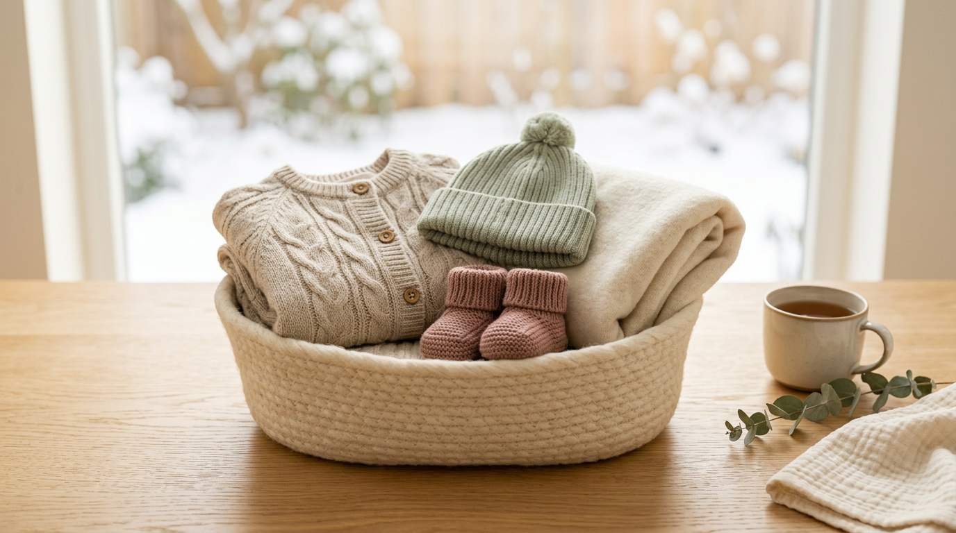 A confused dad holding a newborn baby bundled in multiple winter layers
