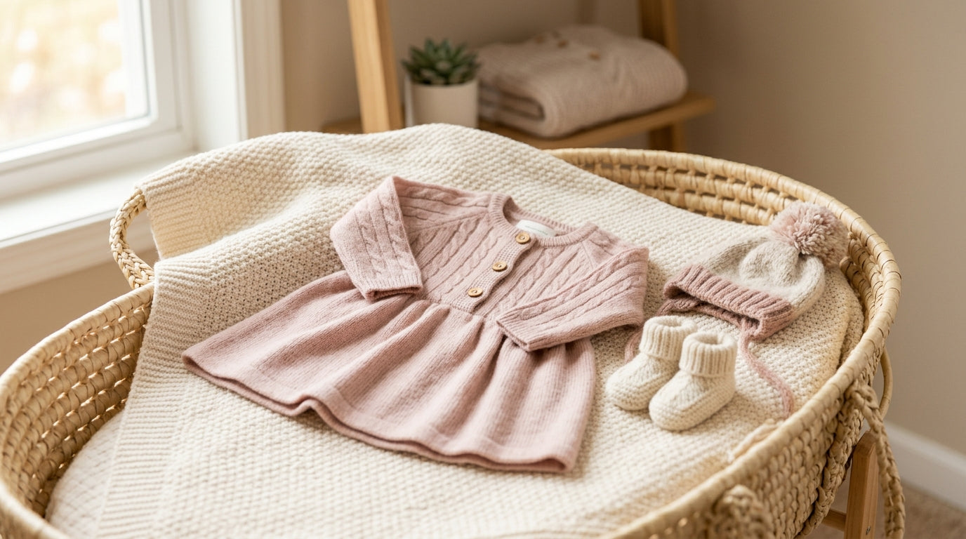 Newborn baby wearing a layered winter dress and cotton tights