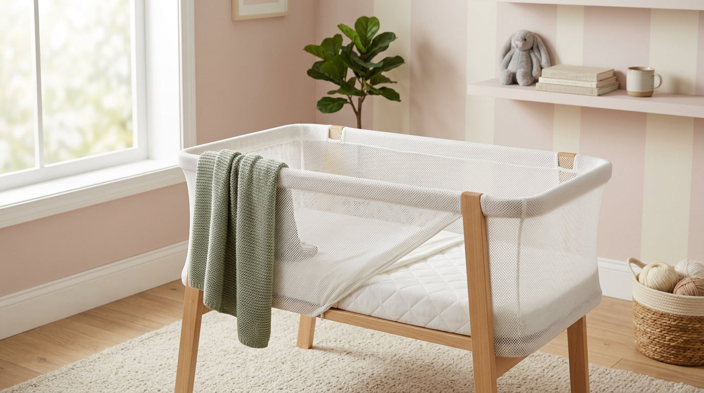 Newton baby bedside sleeper setup next to an unmade master bed