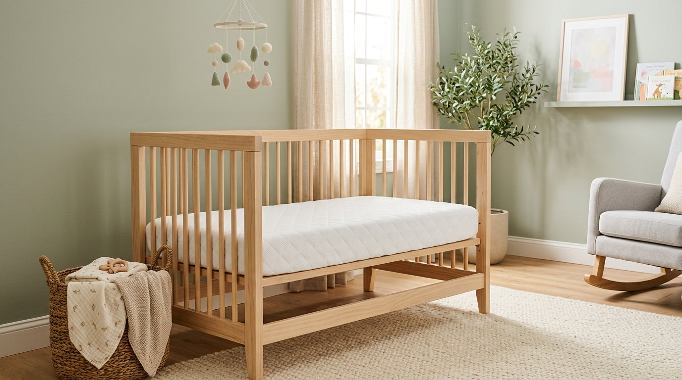 A messy baby crib featuring the washable Newton crib mattress