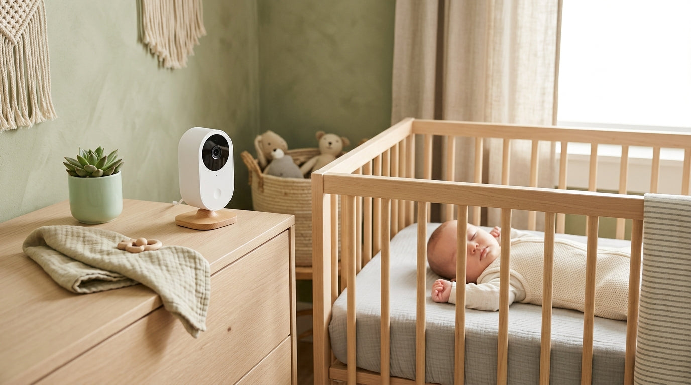 A blurry black and white night vision baby monitor feed showing a baby sleeping