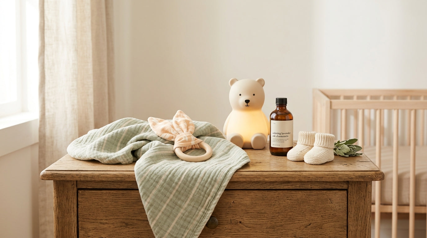A sleep-deprived dad holding a glowing thermometer and looking confused at his smartphone screen in the dark.