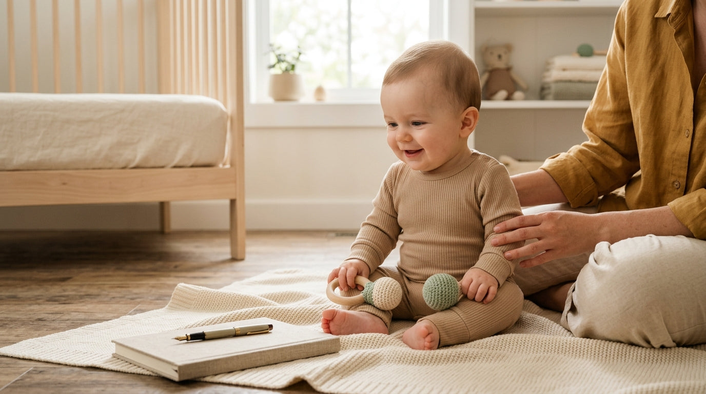 A tired father staring blankly at a digital baby weighing scale on a table.