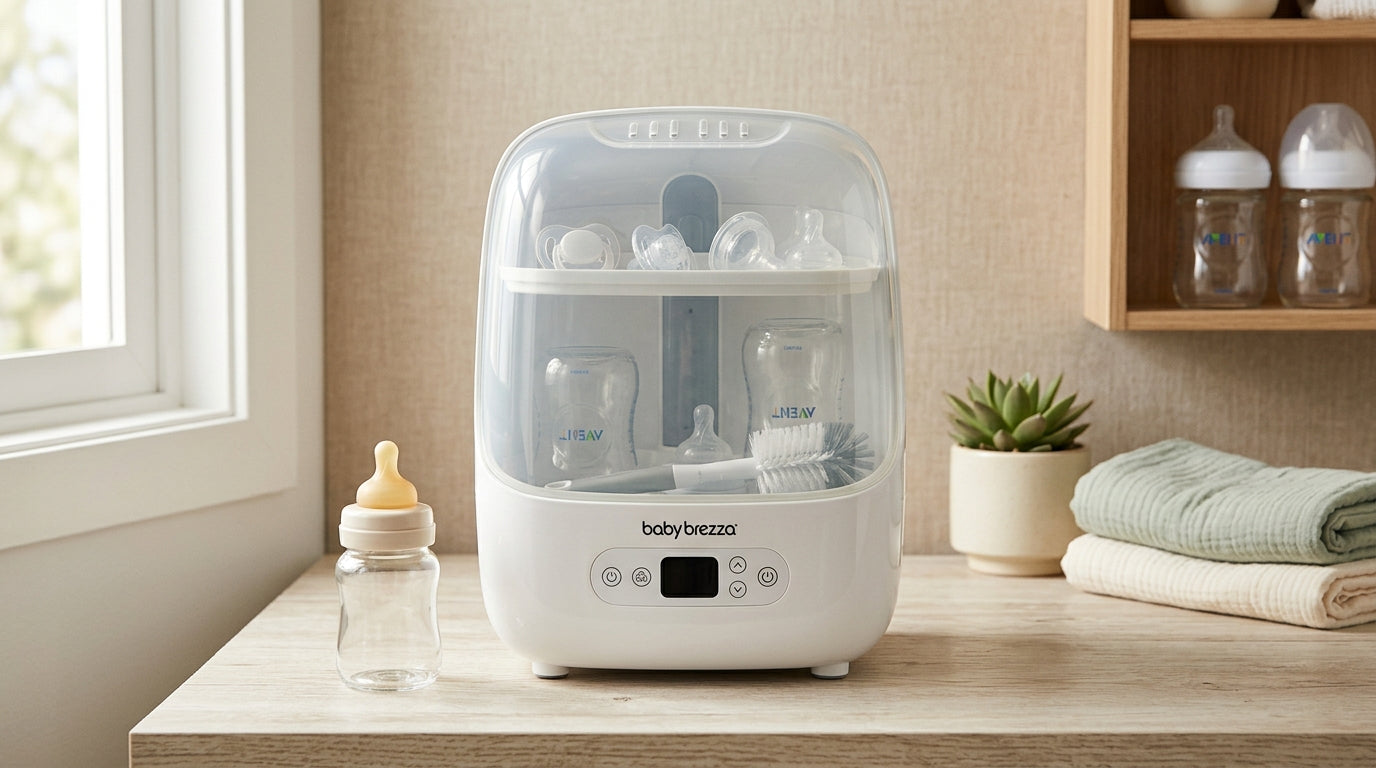Tom's kitchen counter dominated by bottles and the large baby brezza machine