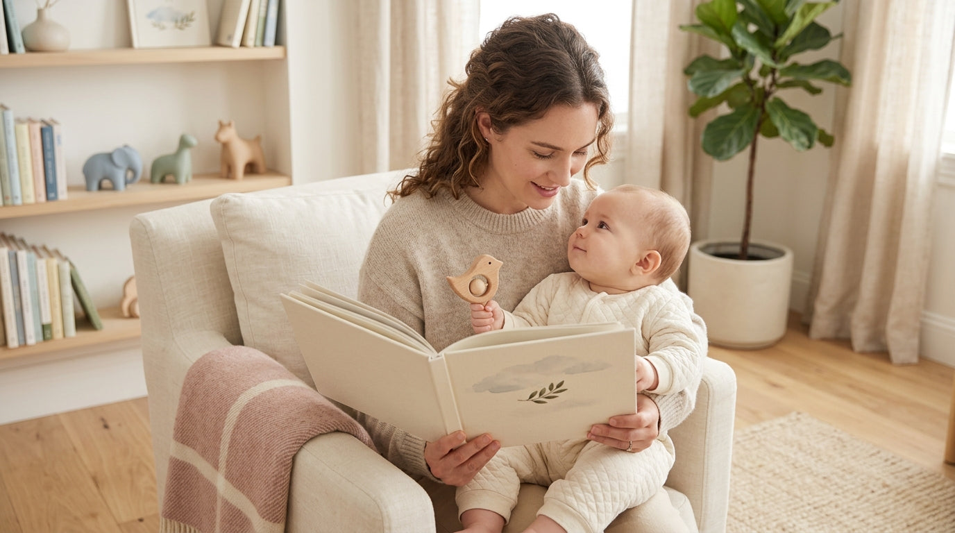 A tired mom holding a crying baby in a dimly lit nursery at 3 AM.