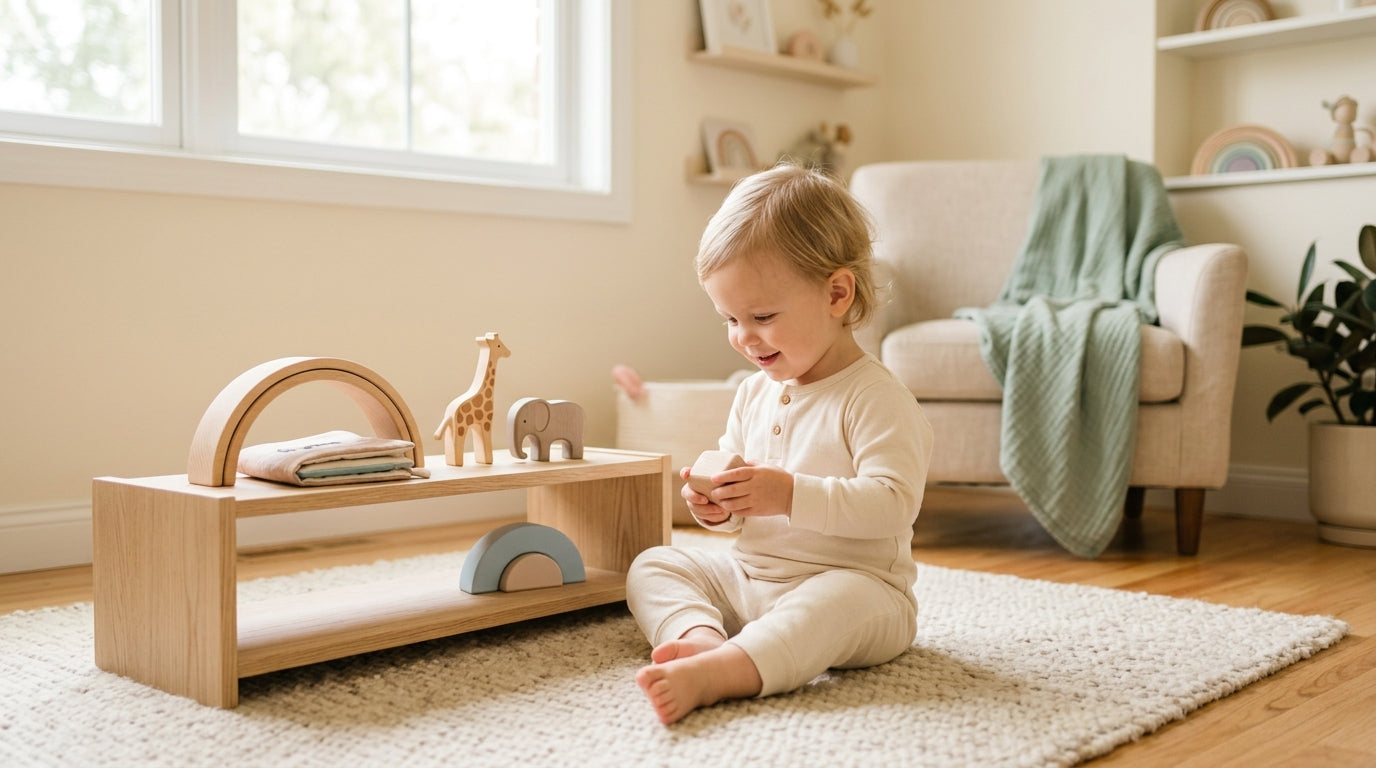 A toddler looking at a tablet while holding a silicone panda teether