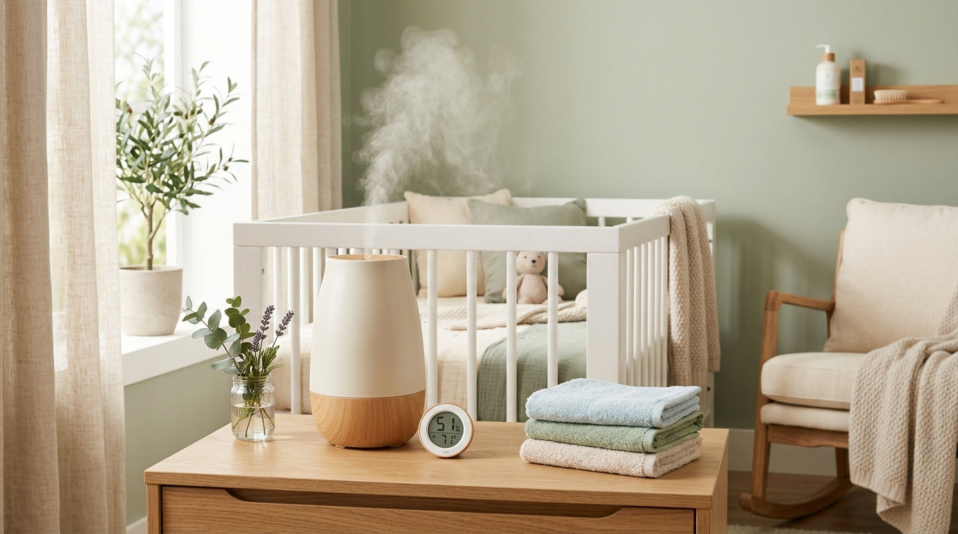 A slightly exhausted dad staring at a glowing digital room thermometer next to two sleeping twins.