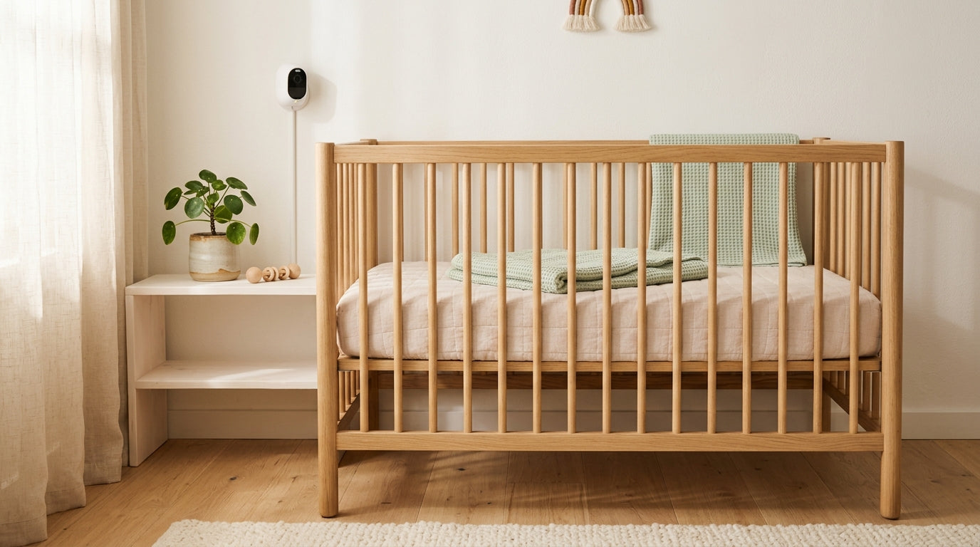 Vintage nursery window next to a modern organic baby bodysuit