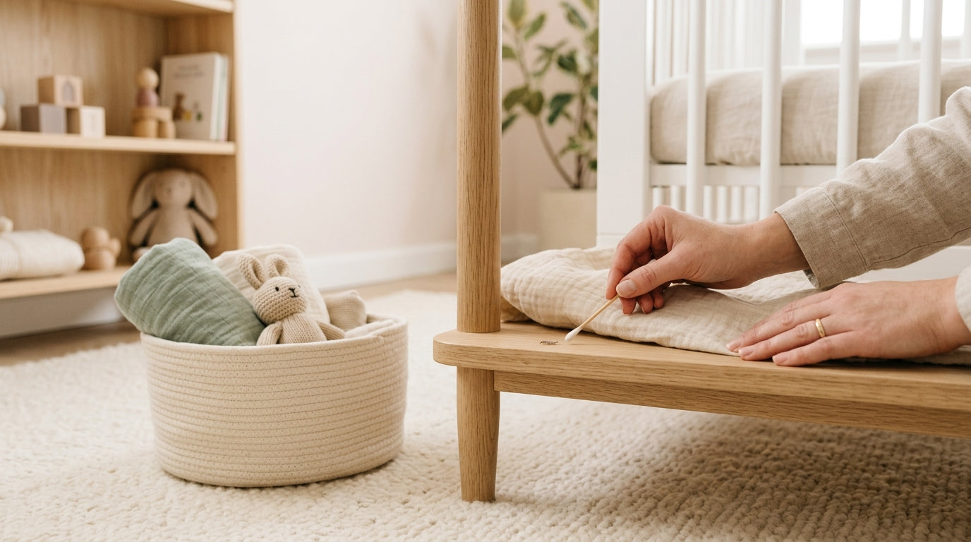 Airtight plastic storage bins used to organize folded nursery clothes safely