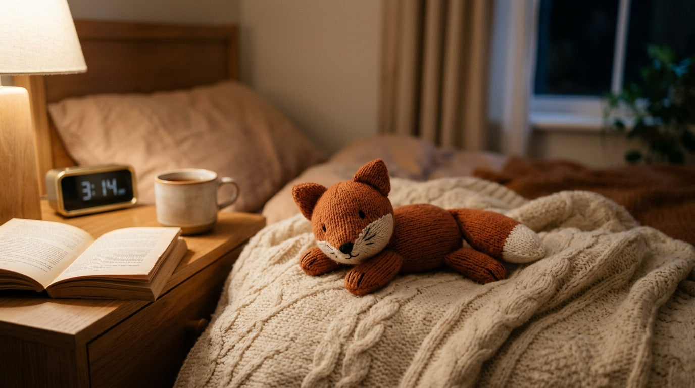 A vintage rainbow chameleon plush toy sitting on a modern wooden nursing chair