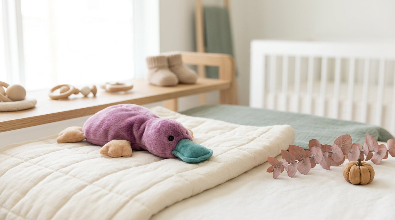 Vintage Ty plush toy sitting safely on a high wooden nursery bookshelf
