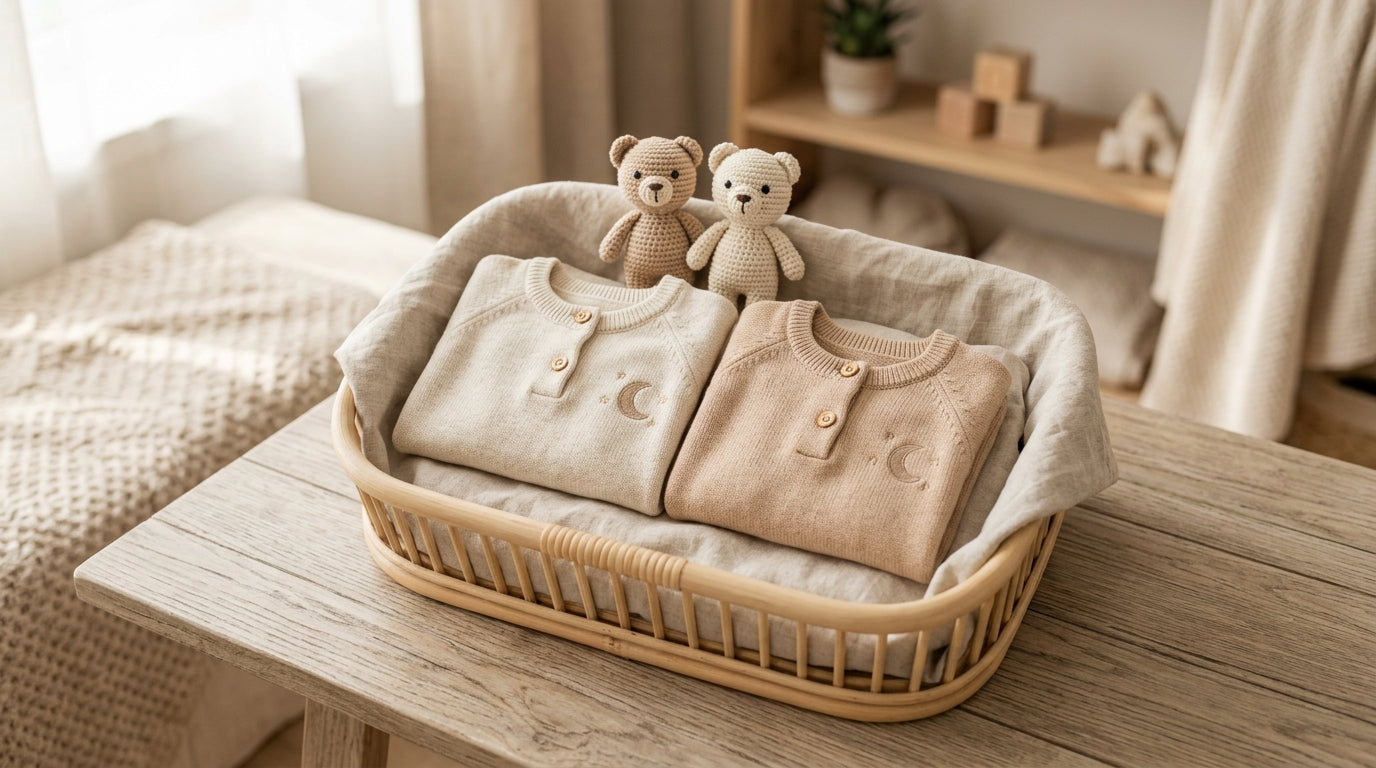 Vintage cat plush toy sitting on a wooden nursery shelf next to baby books.