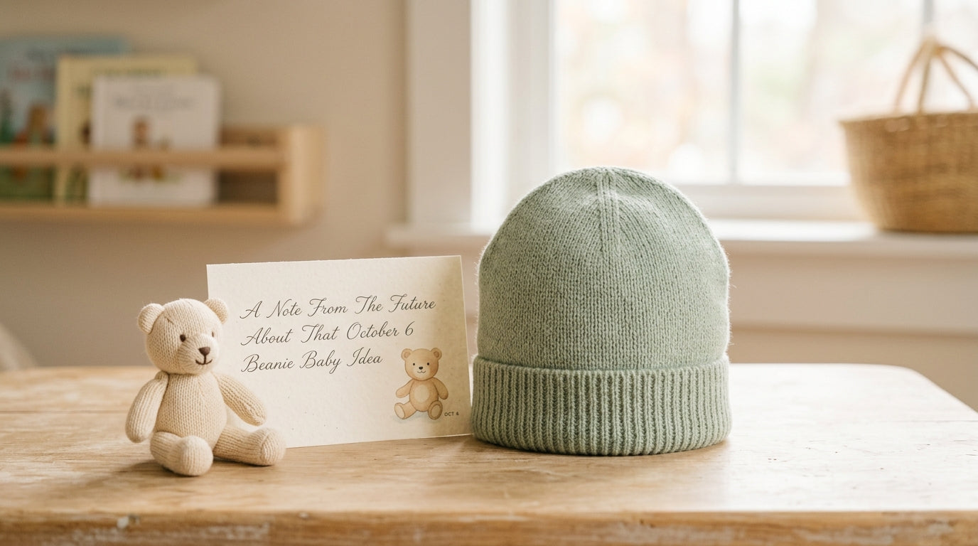 A vintage Beanie Baby sitting safely on a high shelf out of reach from a baby