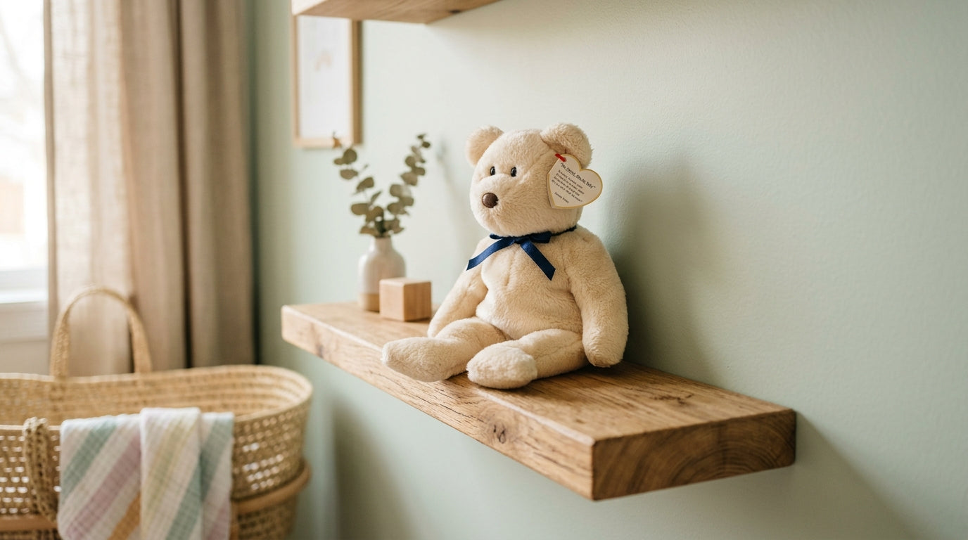 Vintage plush dog sitting on a wooden nursery shelf next to organic toys
