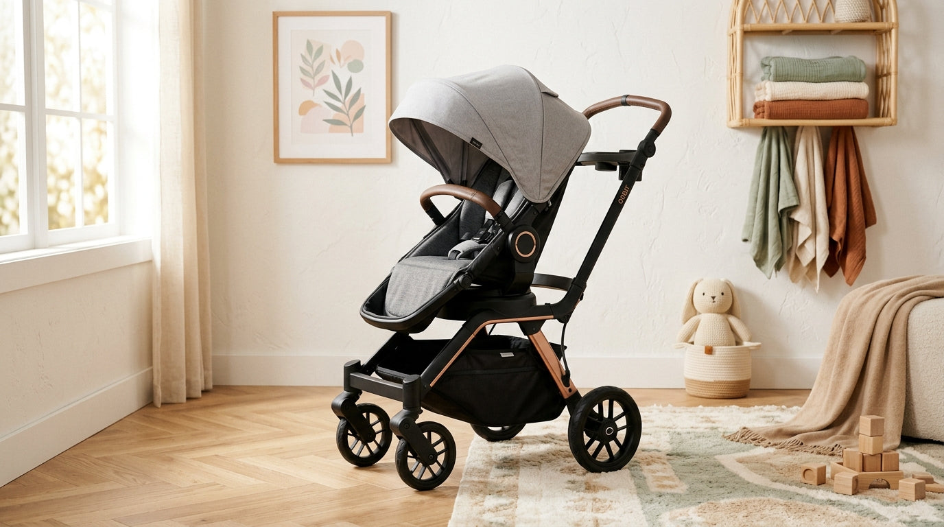 Tired mom standing next to a grey Orbit baby stroller holding a coffee