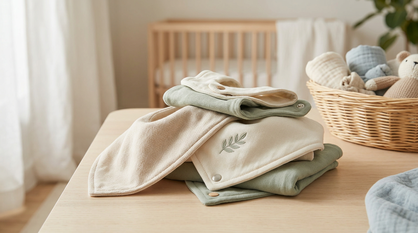 Dad holding two teething twins wearing soft organic cotton dribble catchers.