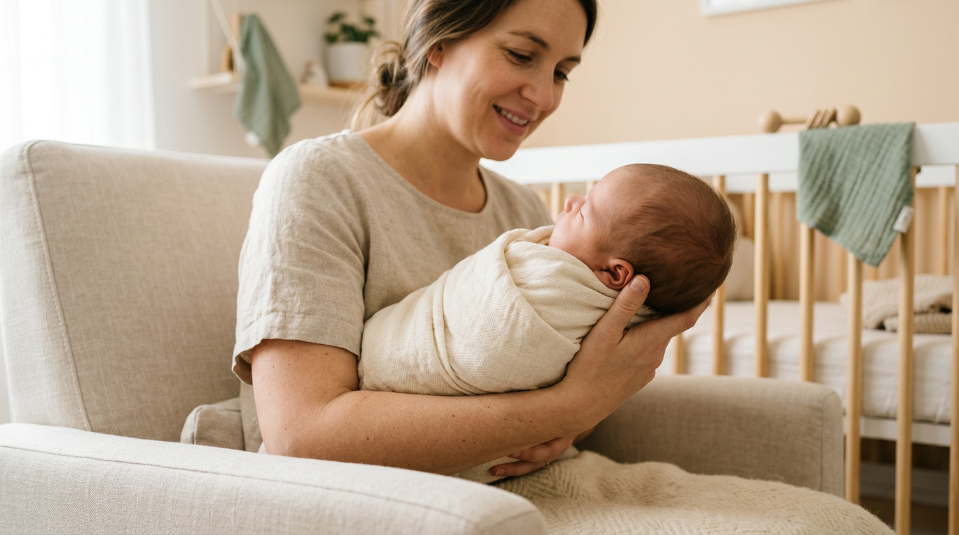 A very tired British dad staring at a badly wrapped baby blanket in the nursery.