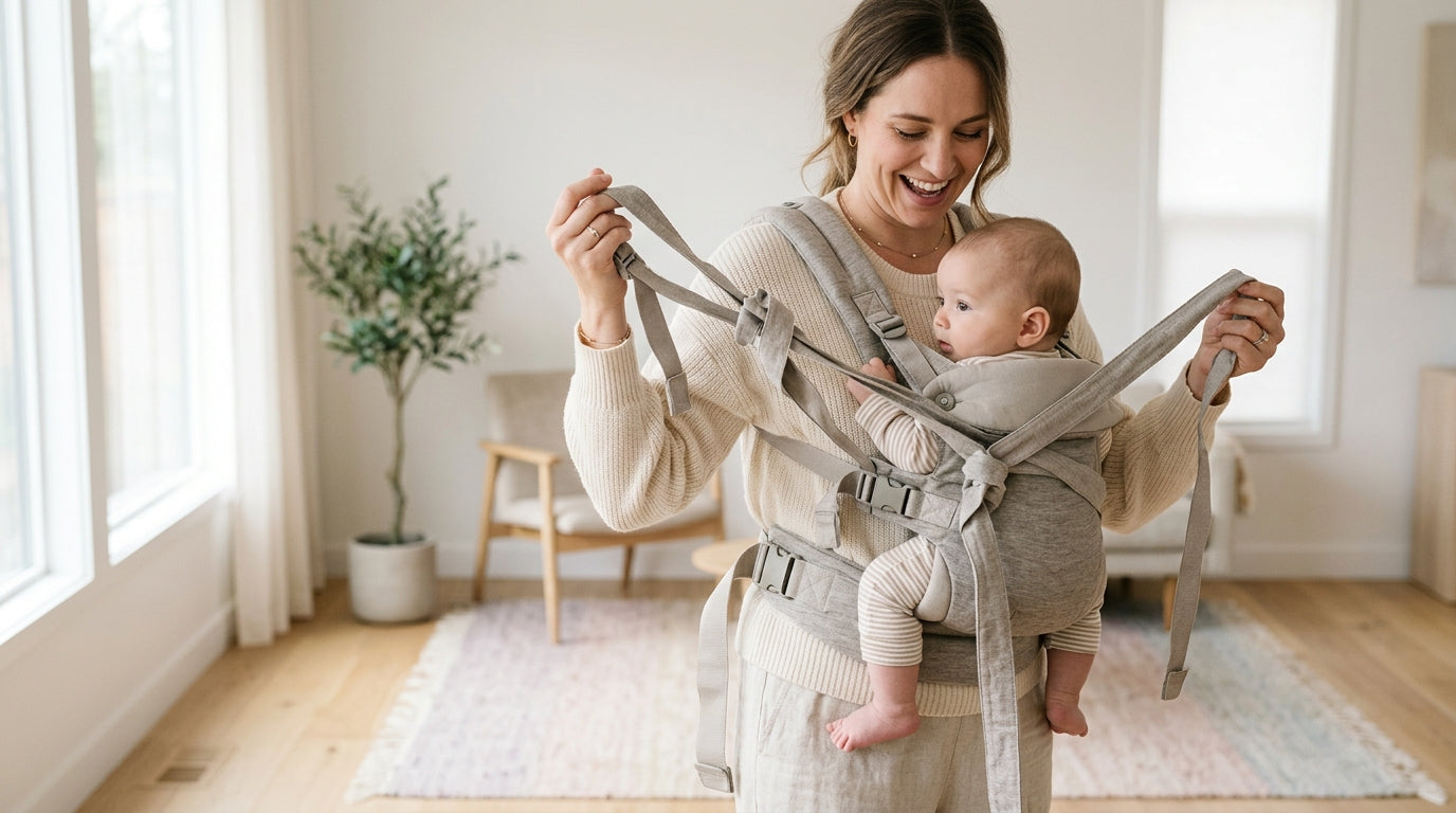 Exhausted dad trying to figure out a complicated fabric baby carrier