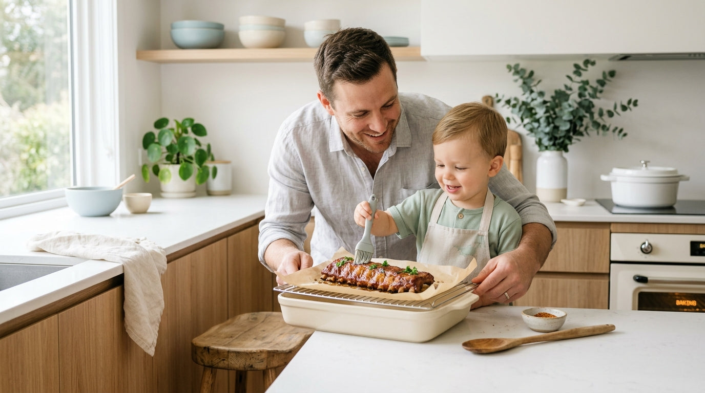 A stressed dad holding a tray of oven baked baby back ribs while an infant watches