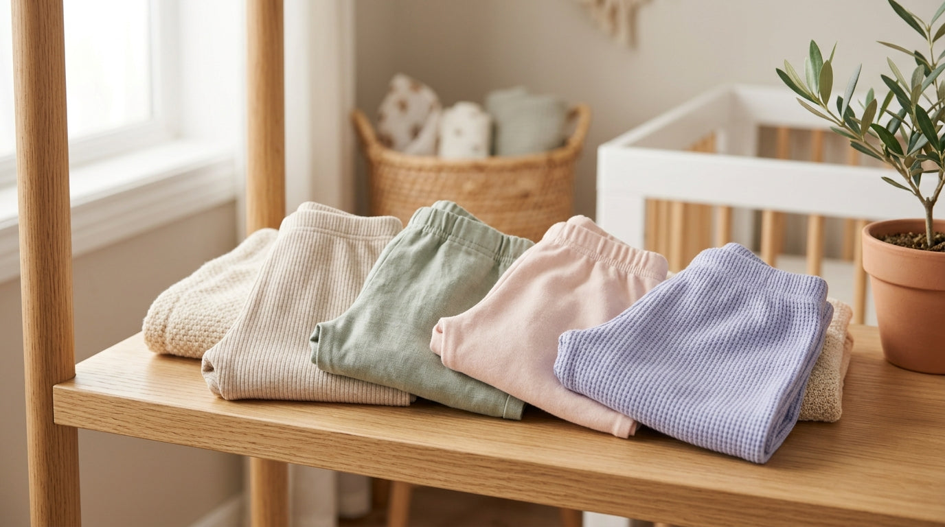 Dad attempting to put organic cotton trousers on a rapidly crawling toddler