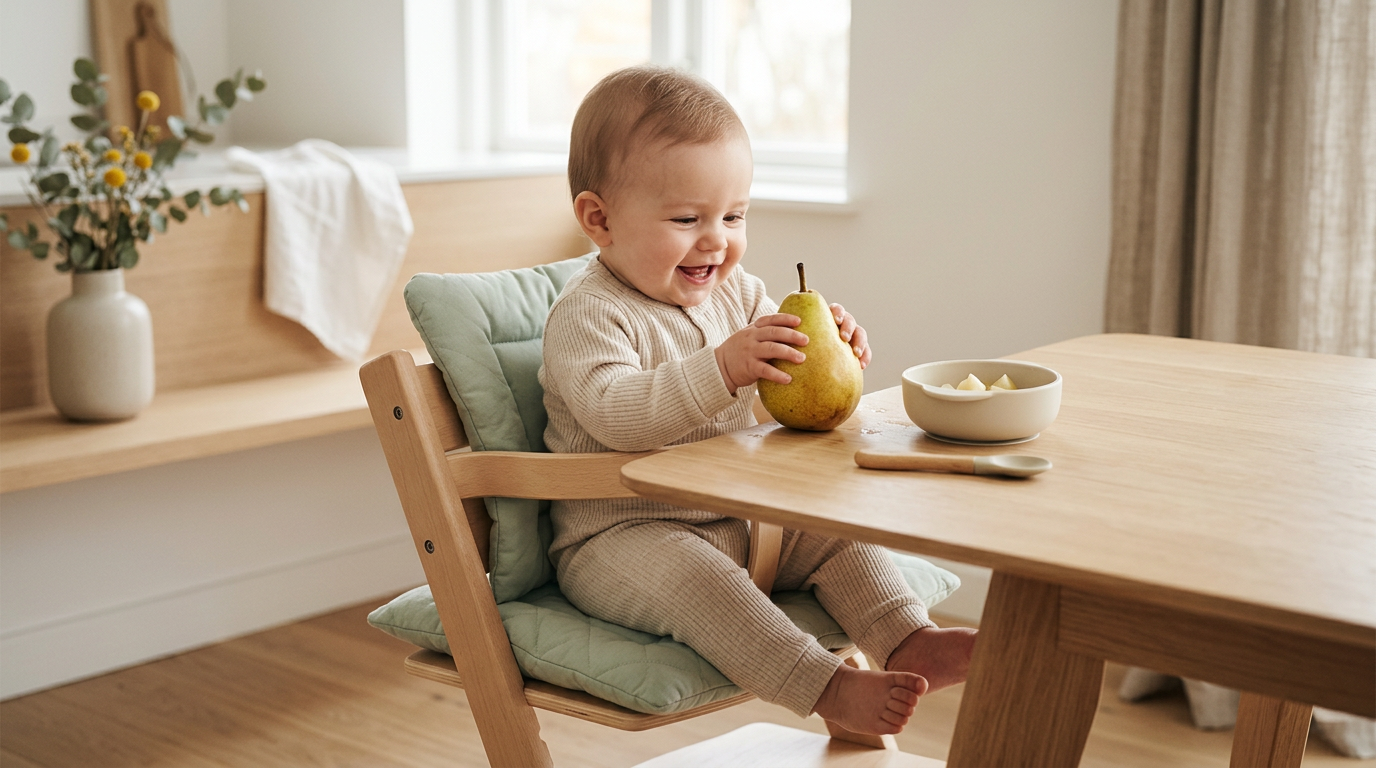 Mashed ripe pear on a silicone plate next to a baby spoon