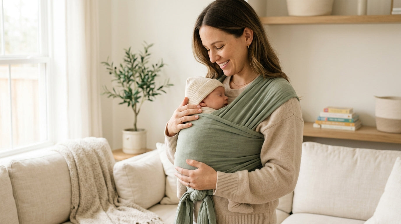 Mother tying a stretchy cloth infant sling in the nursery