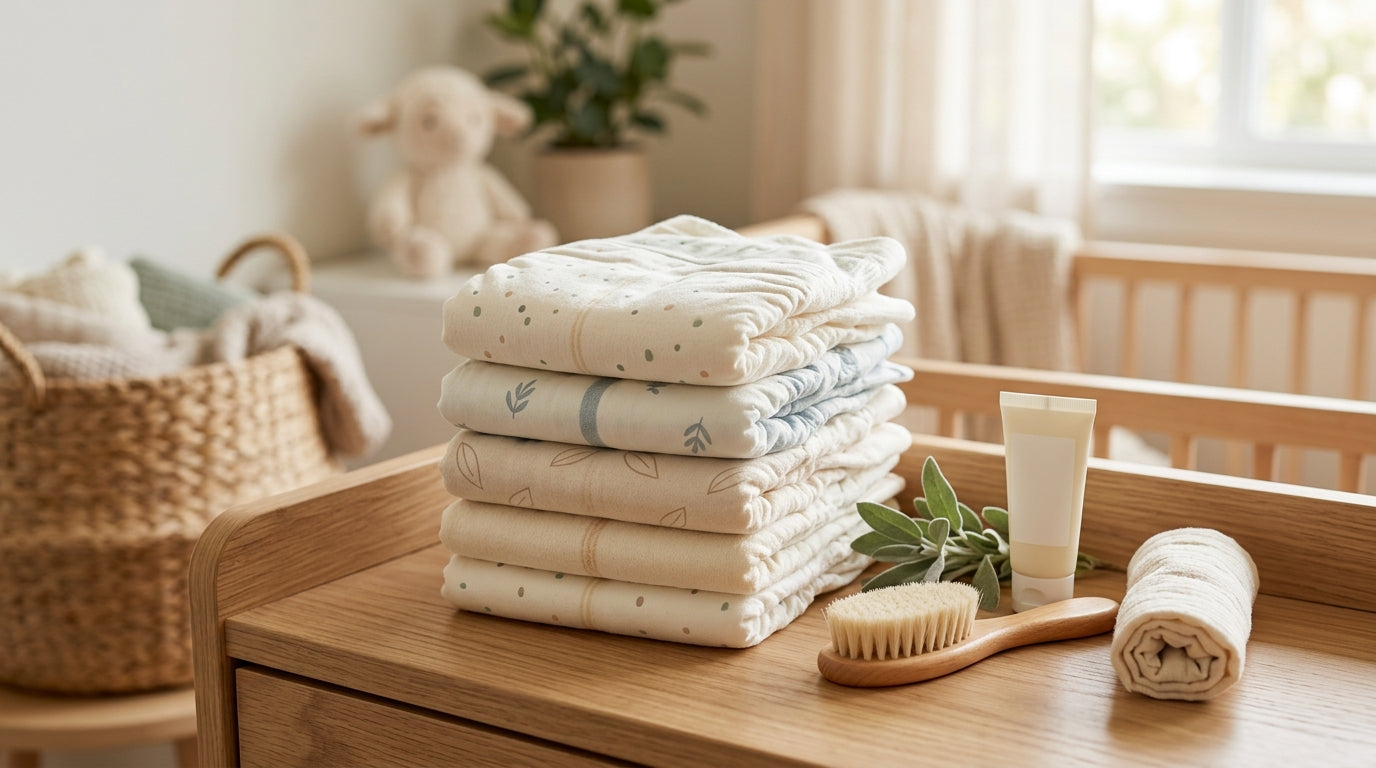 A tired mom holding a baby on a changing table looking at a fresh diaper