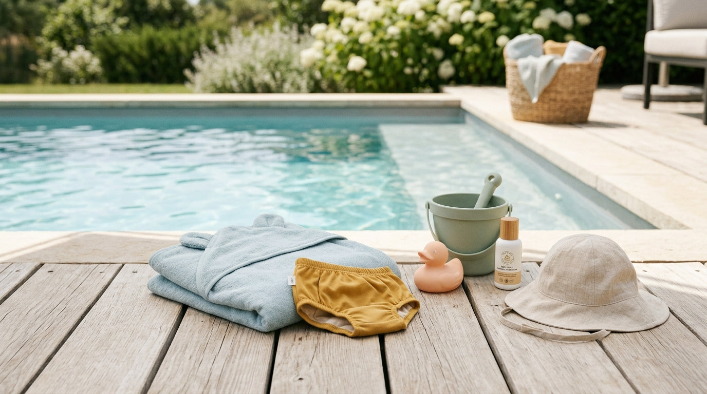 A mother sitting on the grass next to a shallow backyard tub