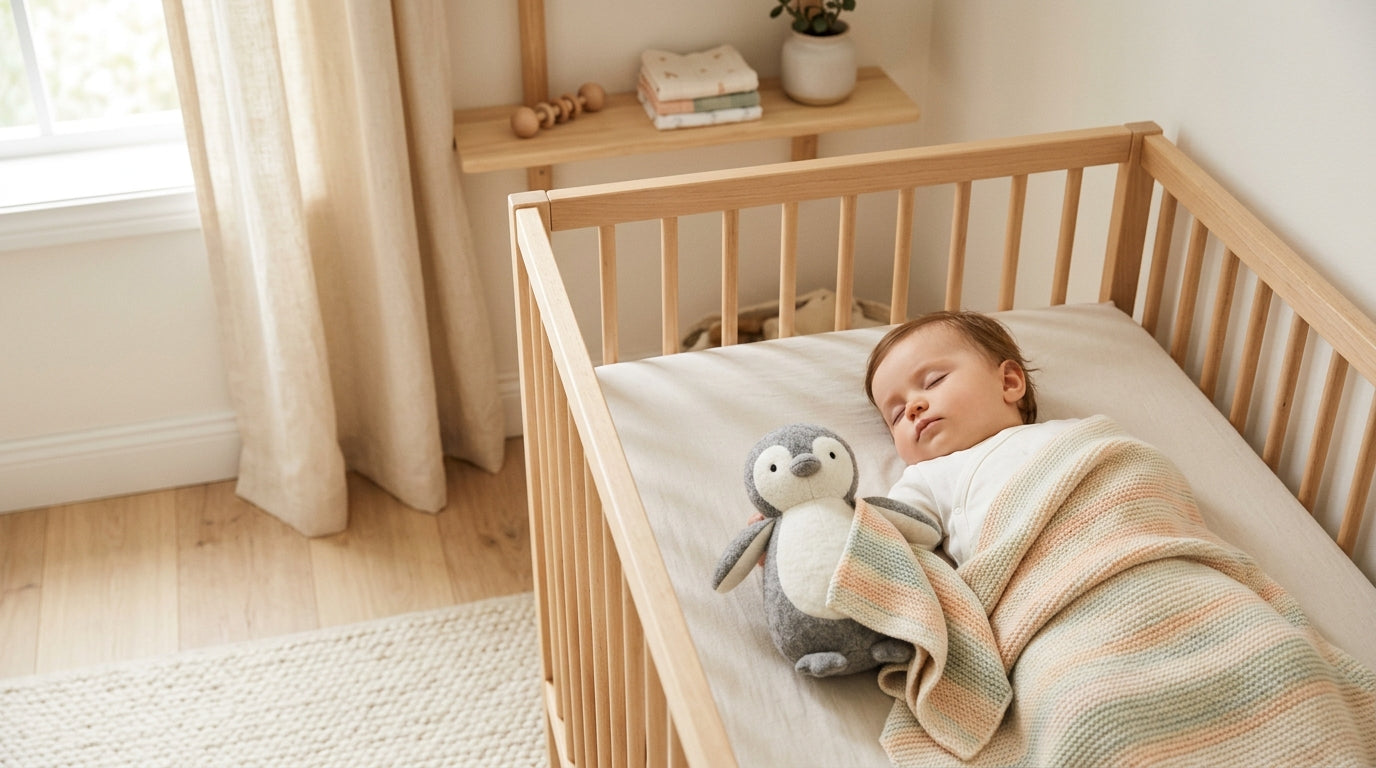 Baby sleeping safely without loose blankets in a modern nursery