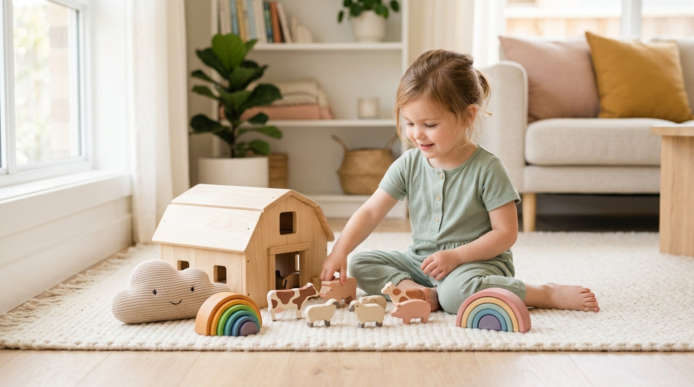 Toddler pointing at a tablet while baby chews on a silicone teether on the living room rug