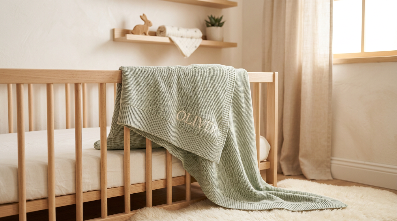 A crumpled organic cotton baby blanket resting on a nursery chair next to a half-empty coffee mug.