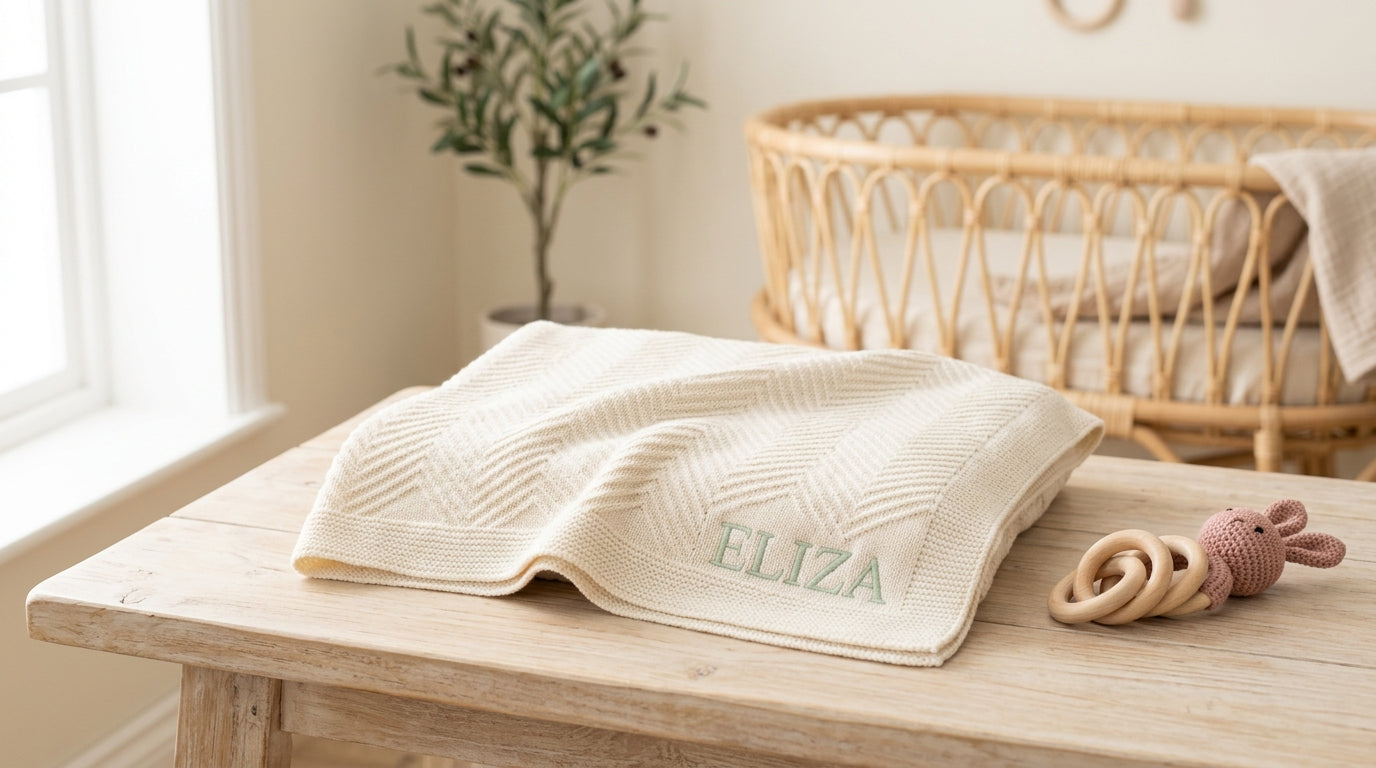 A folded organic bamboo baby blanket resting on a wooden nursery chair