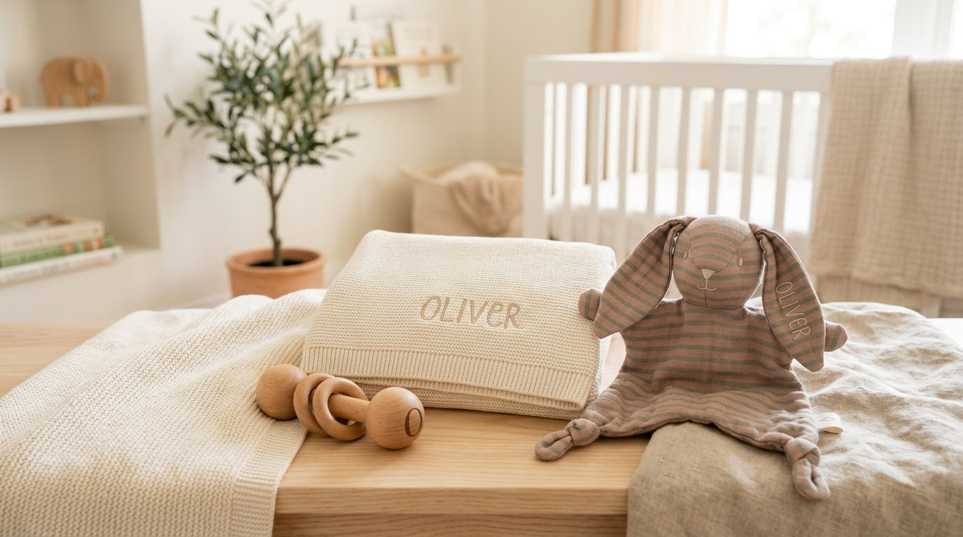 Engraved wooden memory box and organic cotton baby swaddle