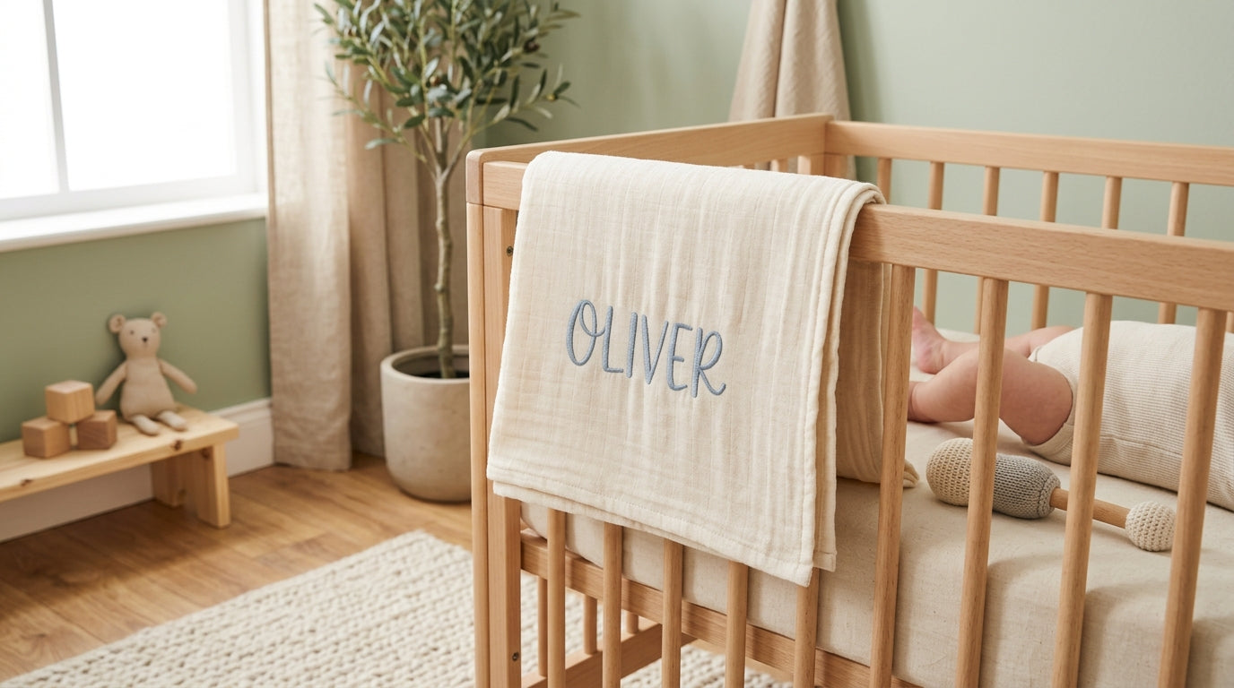 A folded organic cotton blanket with a baby name embroidered on it resting on a wooden chair.