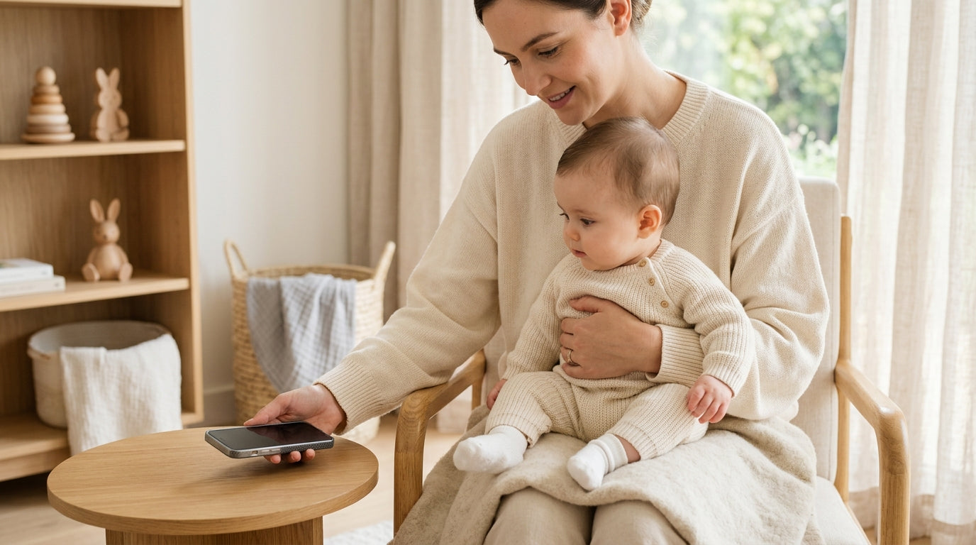 Dad holding an 11-month-old baby who is reaching for his smartphone