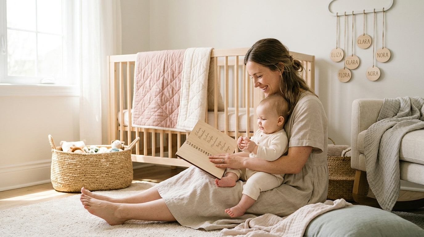 A stressed mom looking at a baby name book on her kitchen counter.