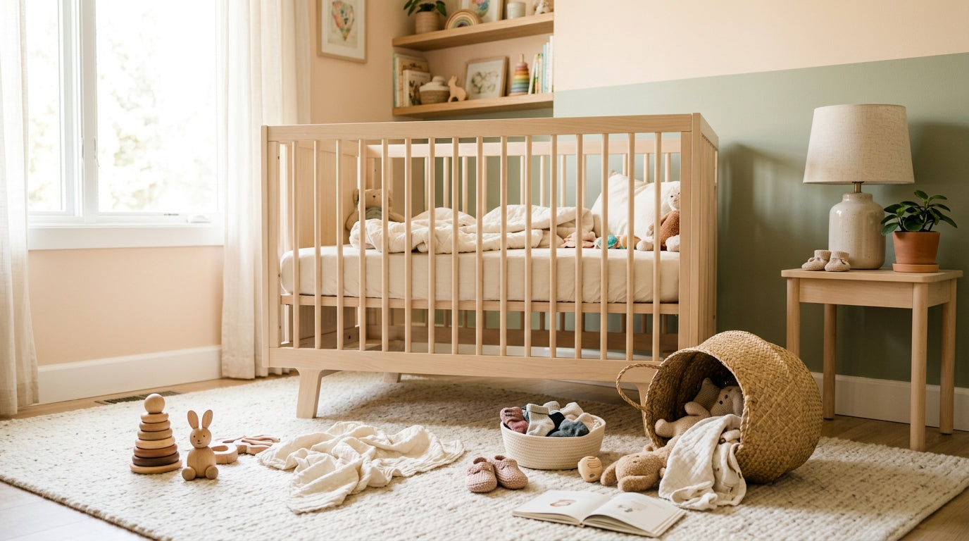 Toddler girl dragging a faded pink baby blanket across a wooden floor
