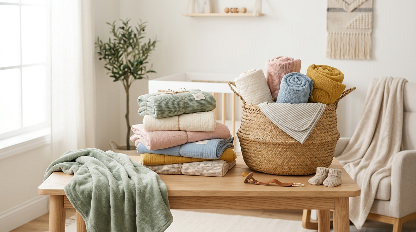 A tired mom organizing a pile of plush baby blankets on a nursery floor.