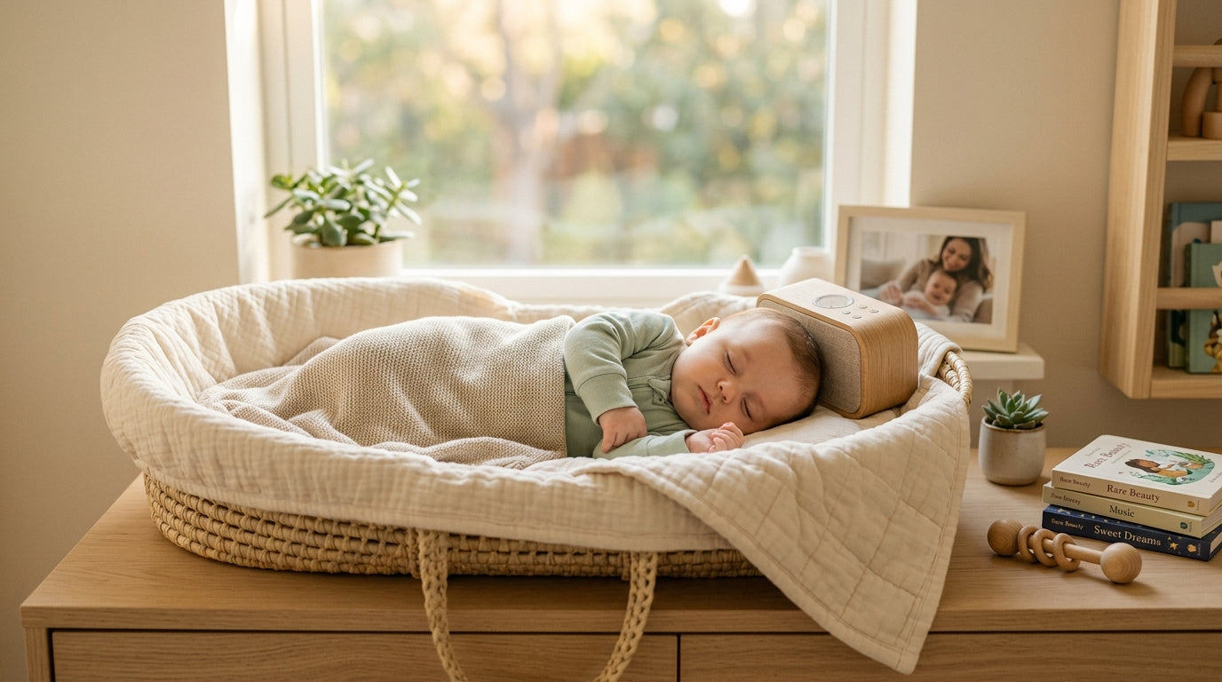 A tired dad holding a swaddled baby in a dimly lit nursery