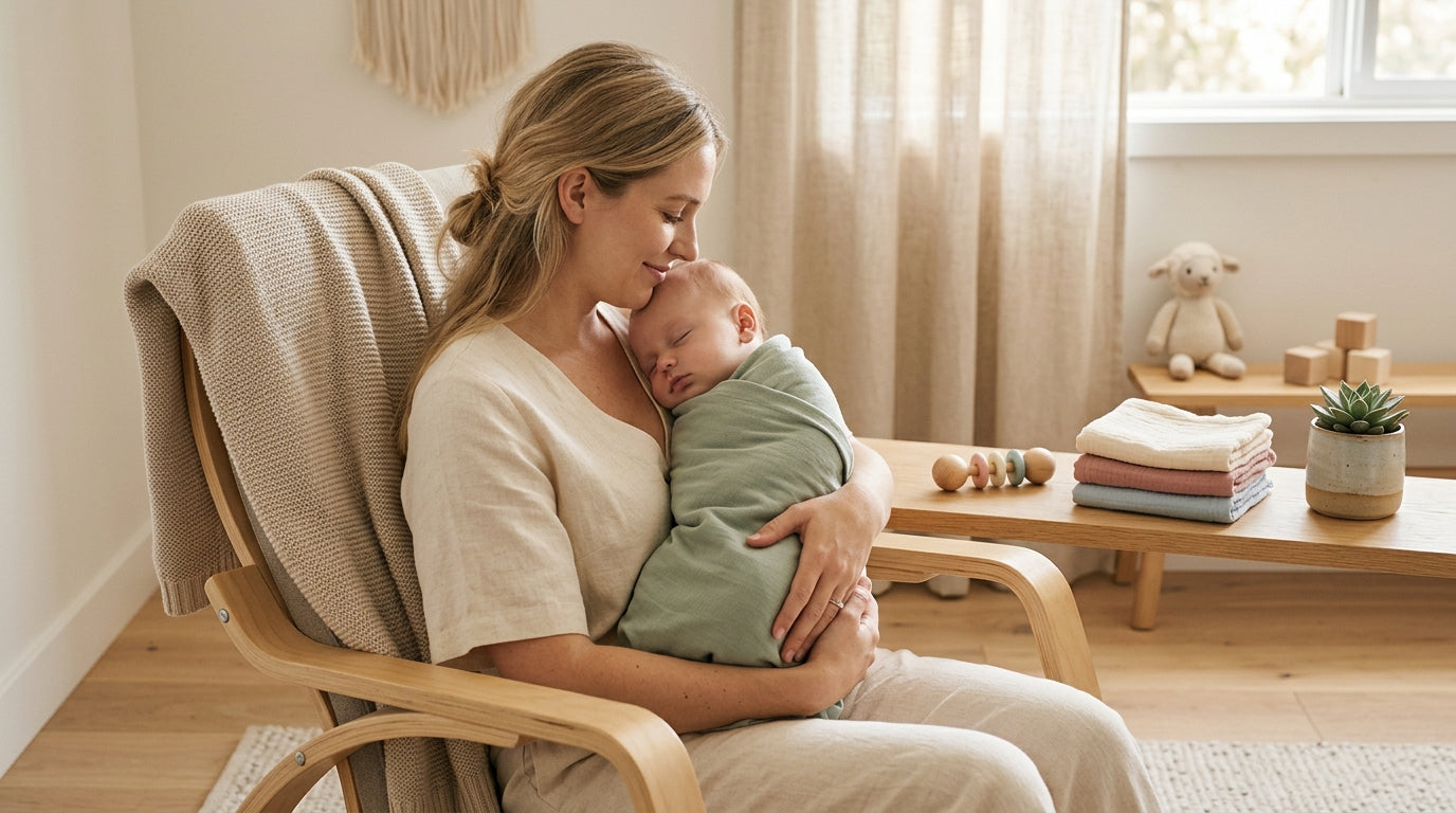 Mom singing pop songs to her baby on a wooden play mat