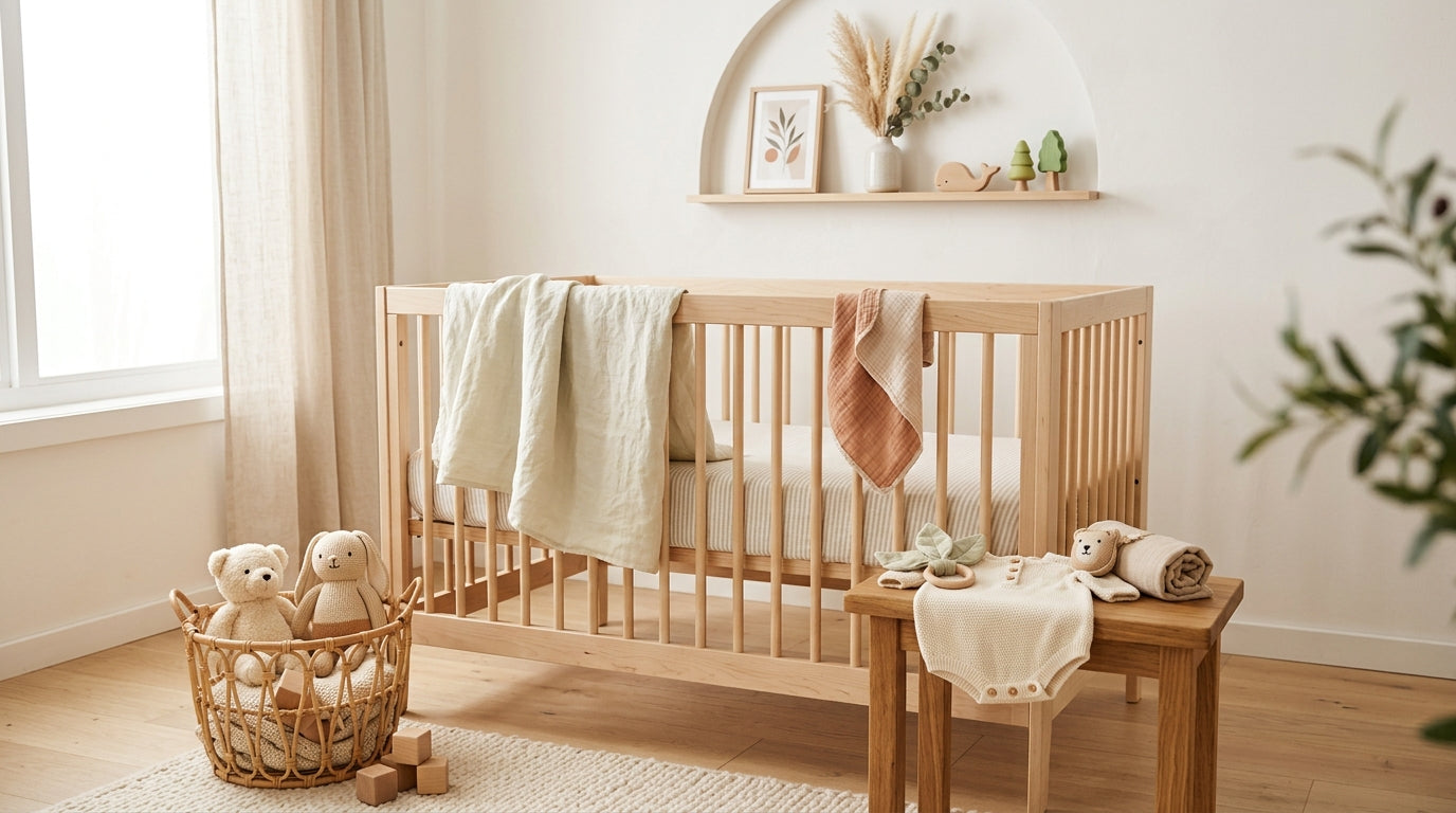 A realistic modern baby nursery with neutral colors and a bare crib next to a half-empty coffee cup