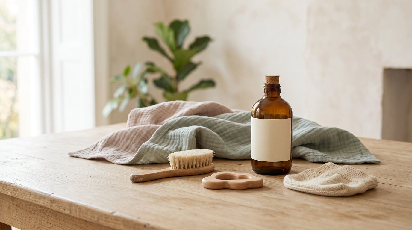 A half empty bottle of pink baby lotion next to a breast pump