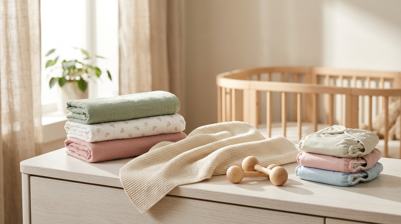A simple nursery setup with a wooden crib and neutral bedding