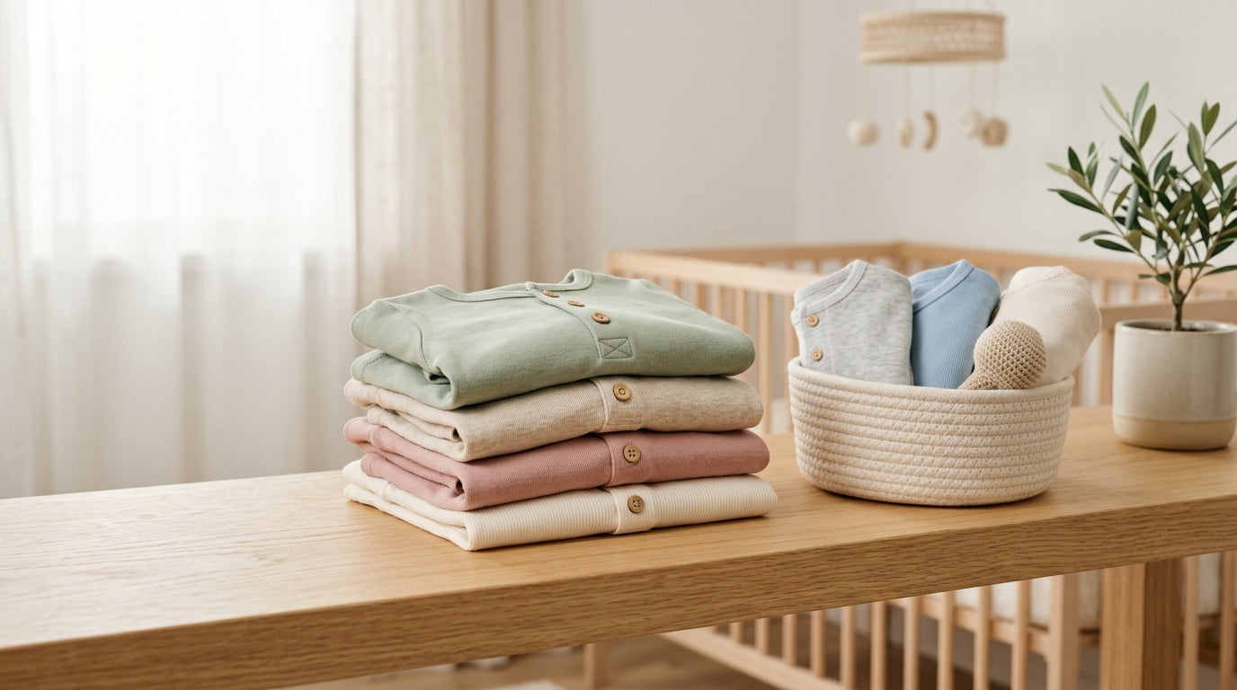 A folded pile of soft, stretchy ribbed baby shirts in muted earth tones.