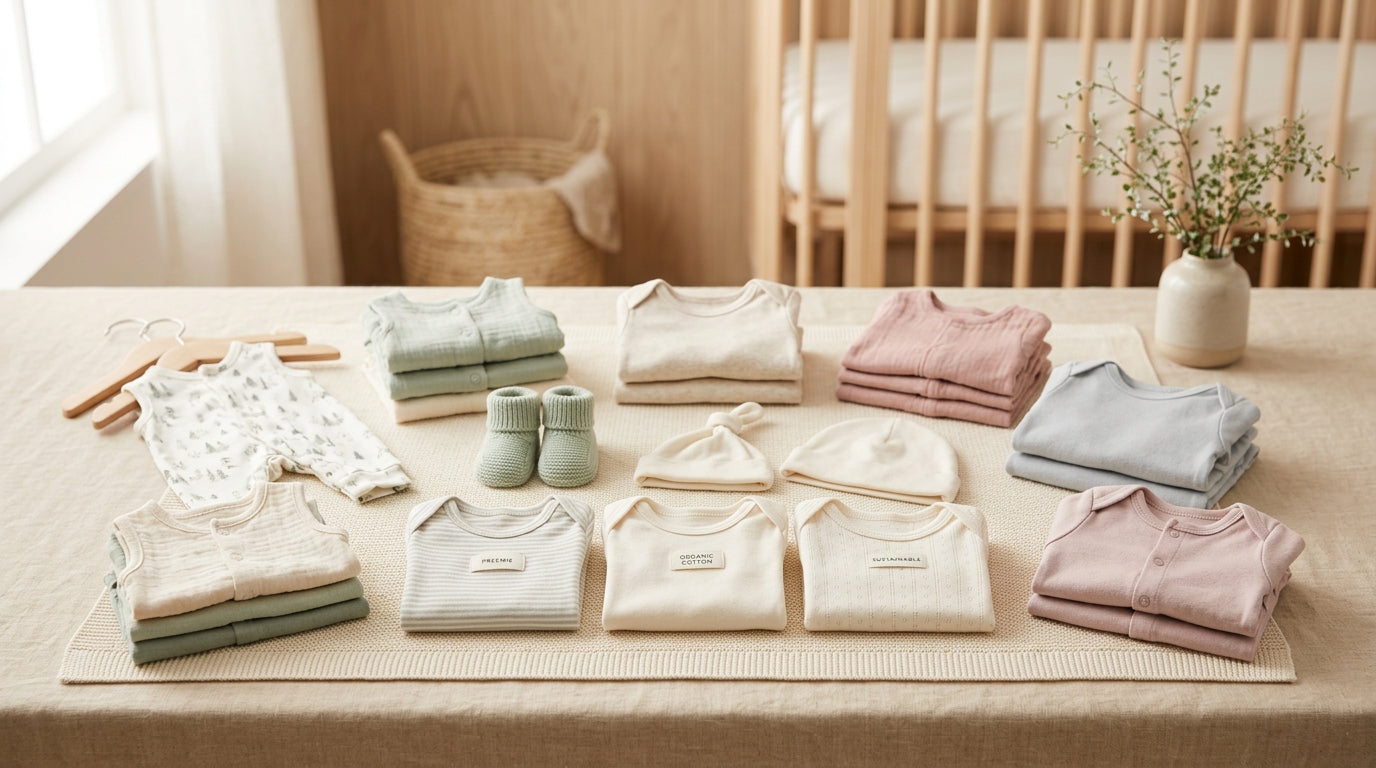 Tiny organic cotton baby garments folded neatly on a nursery dresser
