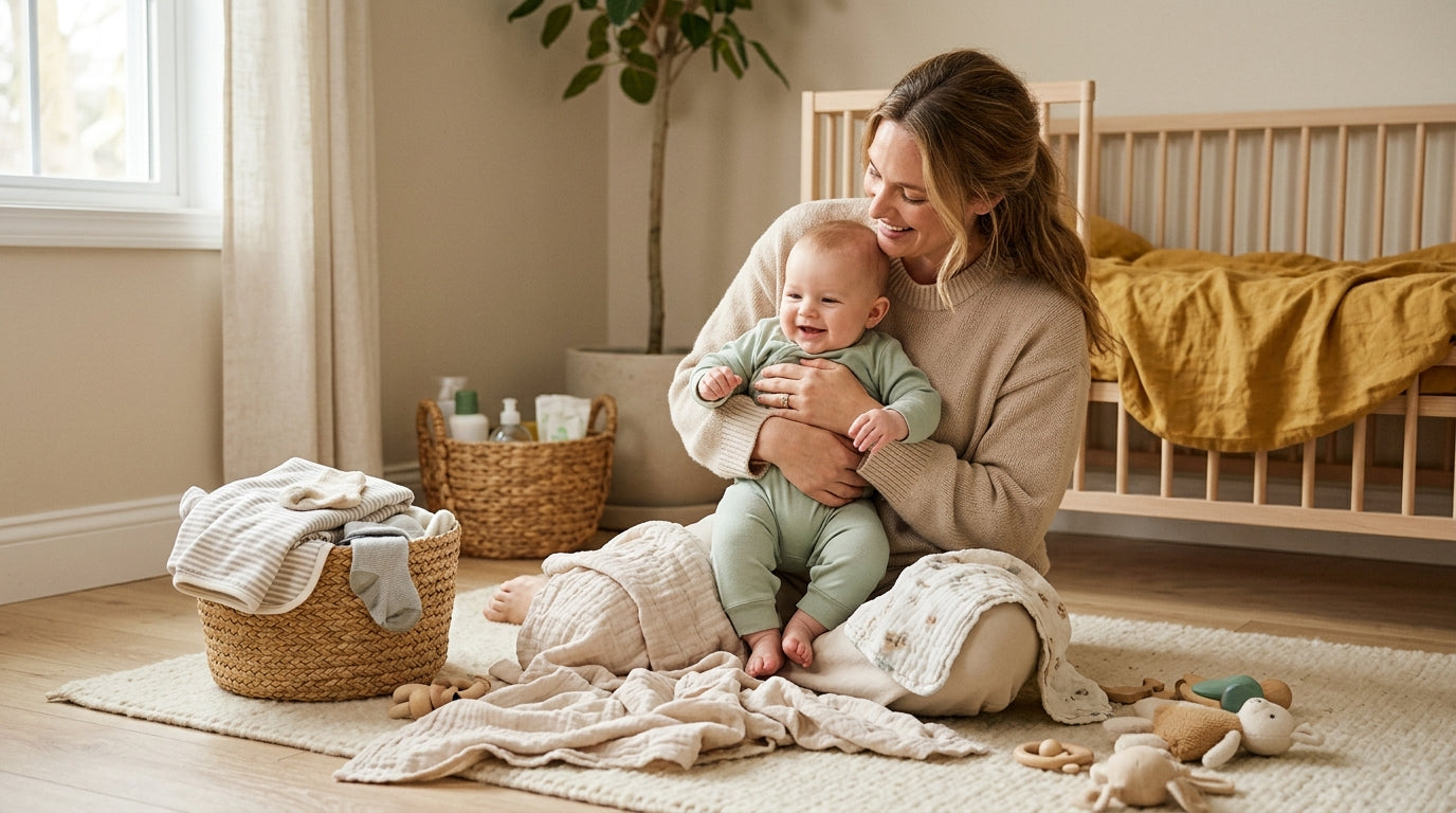 An exhausted father holding a slightly squishy, red-faced newborn baby