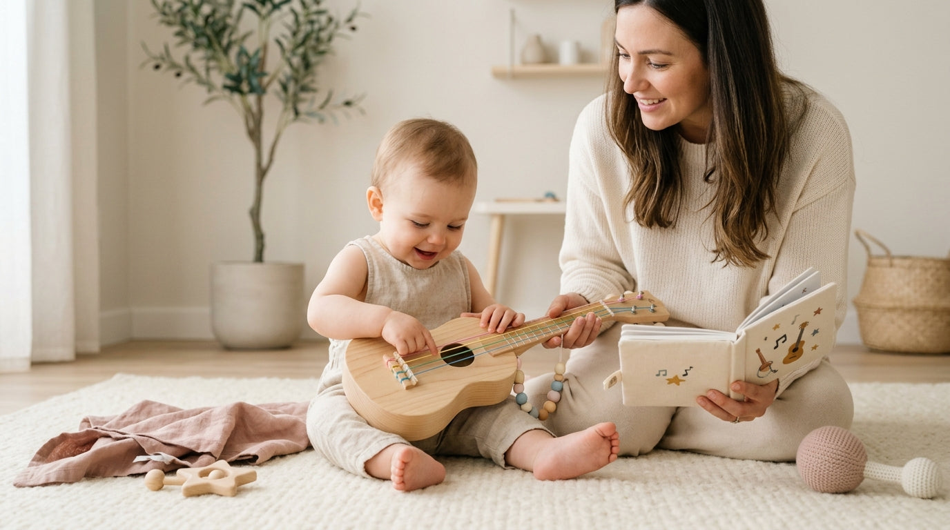 Mom sitting on a nursery floor playing pretty little baby chords while baby watches