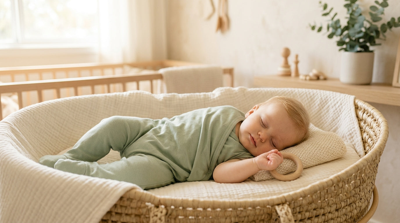 A tired dad looking at his smartphone while holding a confused baby in a nursery.