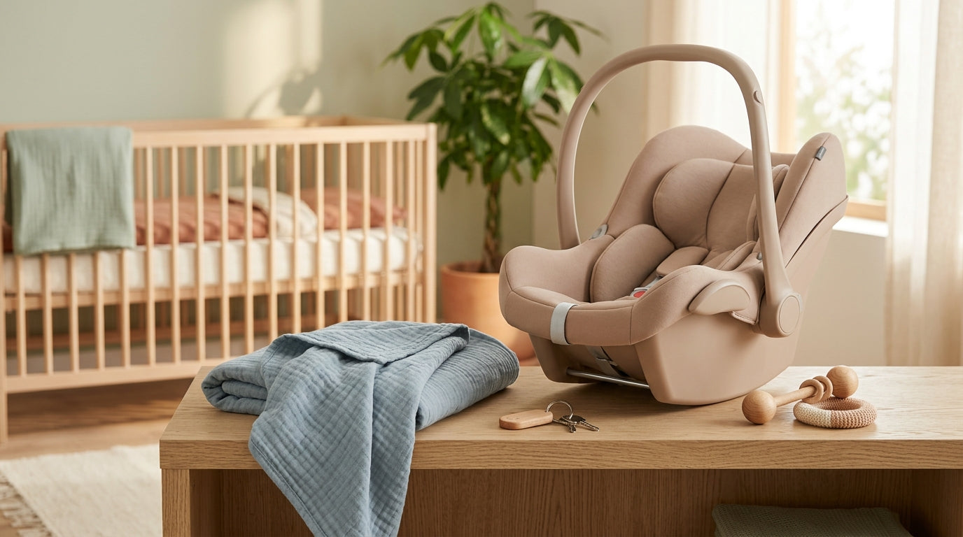 A stressed mother looking in her rearview mirror at an empty baby car seat